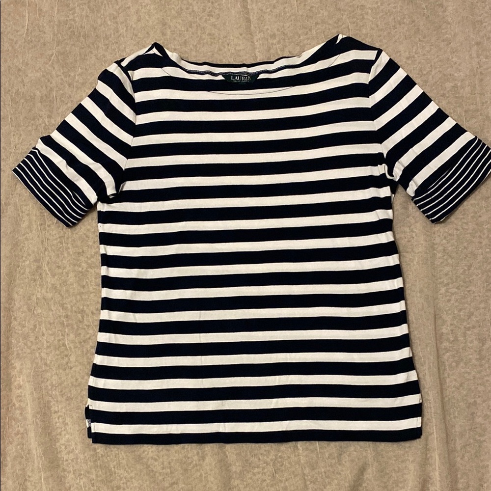 Lauren Ralph Lauren Navy Blue & White Boxy Cuffed Sleeve Tee. Size XL